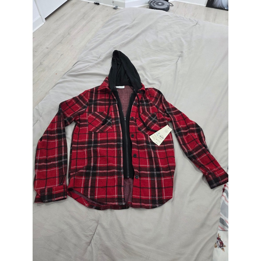 Womens Red Black Plaid Flannel Zip‎ Up Hoodie Shirt Jacket Size S